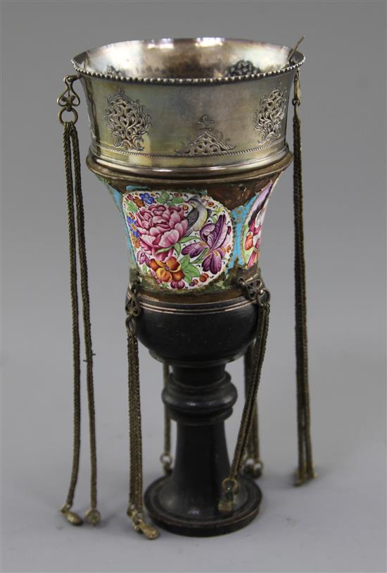 A Qajar gilt metal and polychrome enamel Ghalian stem cup, Persia, 19th century, 7.5in., damage